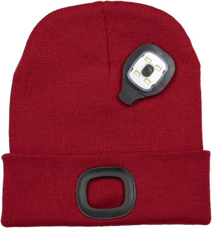 Beanie Hat Cap Light LED USB Rechargeable Battery Powered Light Unisex RED