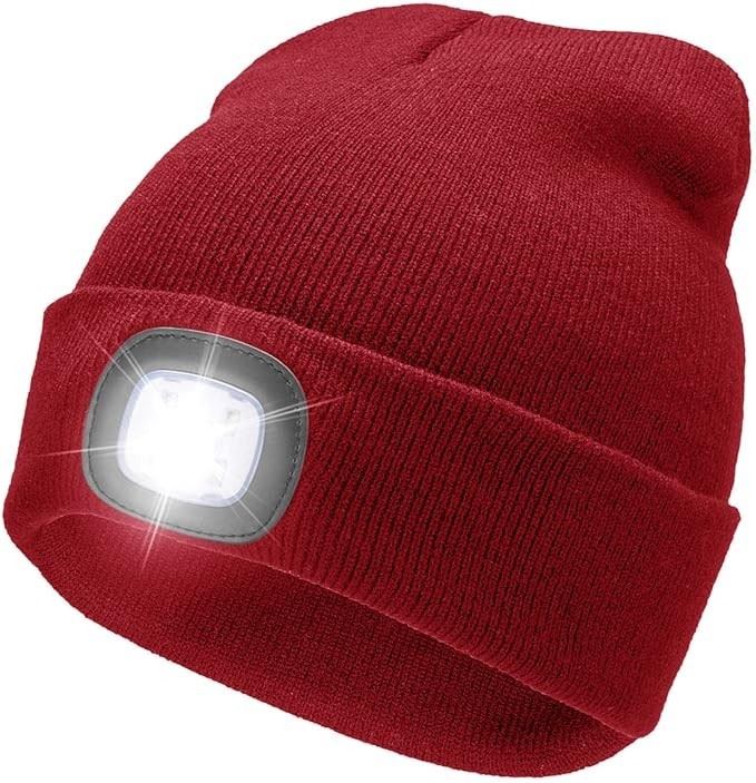 Beanie Hat Cap Light LED USB Rechargeable Battery Powered Light Unisex RED