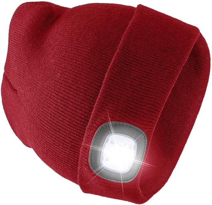 Beanie Hat Cap Light LED USB Rechargeable Battery Powered Light Unisex RED