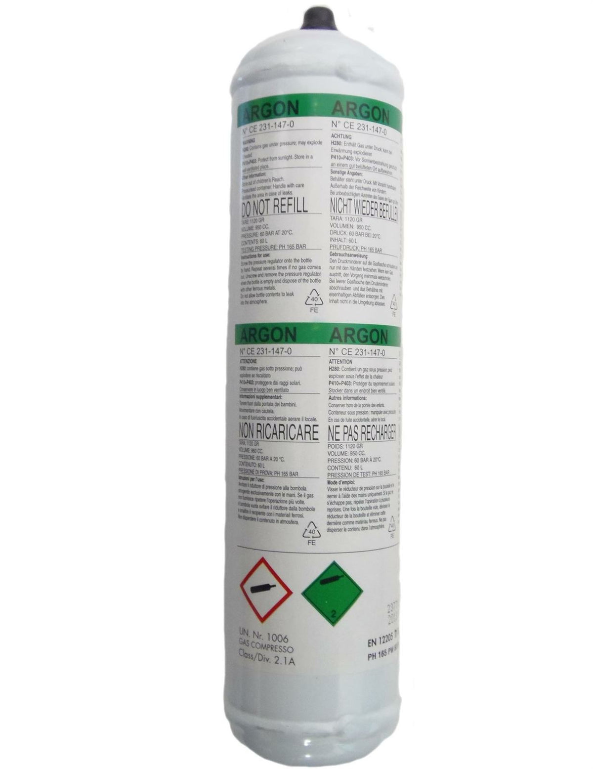 Argon Pure Disposable Welding Mig Gas Bottle Welders 60 Litre For Mini Regulator 4002261